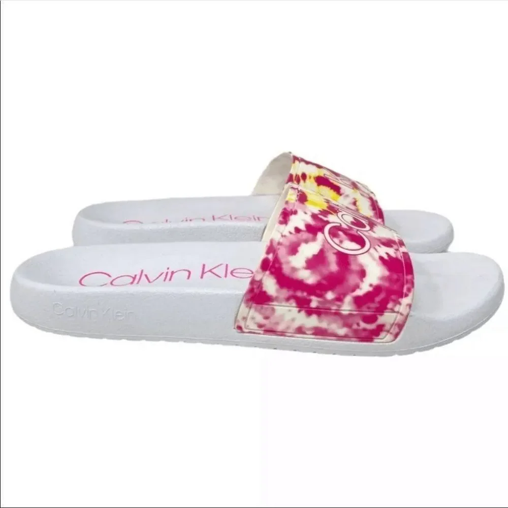 Calvin Klein‎ Tie Dye Logo Slide Sandals Womens 7 White Pink Pool Beach Summer